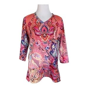 Soft Surroundings Tunic Top Paisley Size PD Ruffle Hem 3/4 Sleeve Shirt